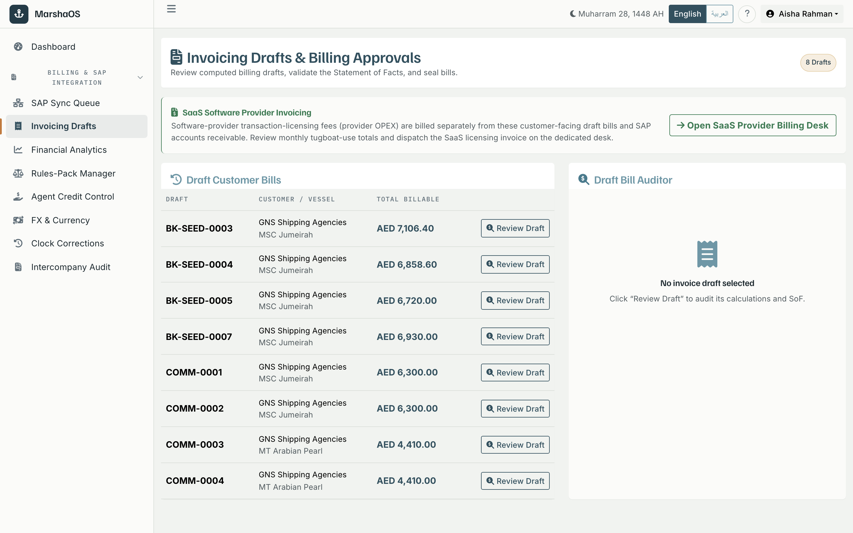 MarshaOS invoicing draft billing approver with rule-traced Statement-of-Facts breakdown