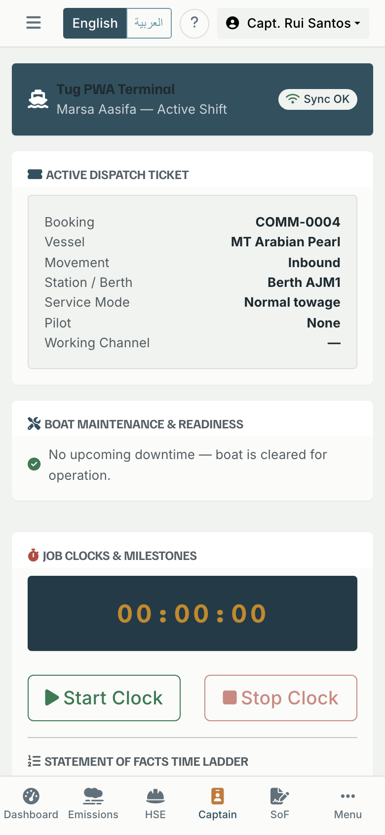 MarshaOS captain mobile PWA with dispatch ticket and execution clock